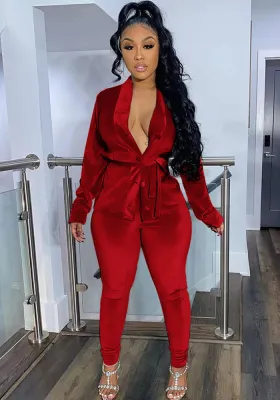 Women Spring Red Sexy V-neck Full Sleeves Solid Velvet Belted Regular Two Piece Pants Set
