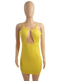 Women Summer Yellow Sexy Halter Sleeveless Solid Keyhole Mini Sheath Club Dress