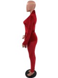 Women Spring Red Sexy V-neck Full Sleeves Solid Velvet Belted Regular Two Piece Pants Set