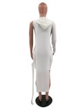 Women Spring White Hooded Hollow Out One Sleeve Solid Two Piece Mini Straight Casual Dresses