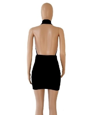 Summer Black Sexy Halter Sleeveless Solid Backless Mini Sheath Club Dress