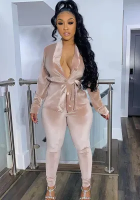 Women Spring Khaki Sexy V-neck Full Sleeves Solid Velvet Belted Regular Two Piece Pants Set