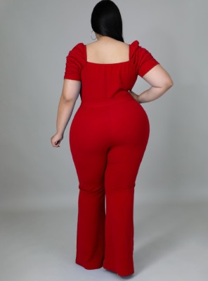 Women Summer Red Formal Sweetheart Neck Short Sleeves Solid Belted Full Length Regular Plus Size Jumpsuit