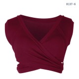 Women Summer Burgunry V-neck Solid Lace Up Short Tank Tops