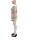 Women Spring Khaki Sexy V-neck Full Sleeves Solid Velvet Belted Regular Two Piece Pants Set