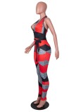 Women Summer Red Sexy V-neck Sleeveless Leopard Print Contrast Belted Full Length Skinny Jumpsuit