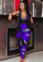 Women Summer Purple Sexy V-neck Sleeveless Leopard Print Contrast Belted Full Length Skinny Jumpsuit