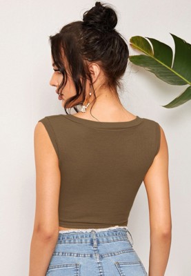 Women Summer Brown V-neck Solid Lace Up Short Tank Tops