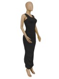 Women Summer Black Vintage Off-the-shoulder Short Sleeves Solid Ruched Slit Pencil Midi Dress