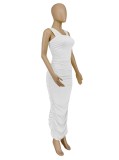 Women Summer White Vintage Off-the-shoulder Short Sleeves Solid Ruched Slit Pencil Midi Dress