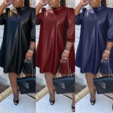 Women Spring Blue O-Neck Half Sleeves Solid PU Leather Mini Loose Plus Size Casual Dress