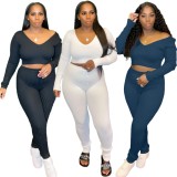 Women Spring Blue Sports V-neck Full Sleeves High Waist Solid Skinny Two Piece Pants Set