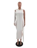 Women Spring White Hooded Hollow Out One Sleeve Solid Two Piece Mini Straight Casual Dresses