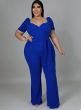 Women Summer Blue Formal Sweetheart Neck Short Sleeves Solid Belted Full Length Regular Plus Size Jumpsuit