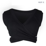 Women Summer Black V-neck Solid Lace Up Short Tank Tops
