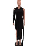 Women Spring Black Hooded Hollow Out One Sleeve Solid Two Piece Mini Straight Casual Dresses