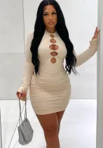 Women Spring Beige Sexy O-Neck Full Sleeves Solid Hollow Out Bodycon Dress