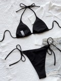 Women Sexy Black Strap Rib Two Piece Swimwear
