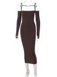 Women Spring Brown Sexy Off-the-shoulder Wrist Sleeves Solid Midi Dress