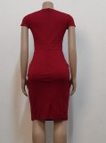 Women Summer Red Sexy Square Collar Short Sleeves Solid Midi Dress