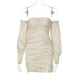 Women Spring Khaki Sweet Off-the-shoulder With Long Sleeve Solid Cascading Ruffle Mini Dress