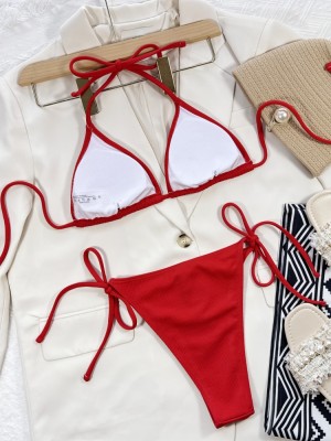 Women Sexy Red Strap Rib Two Piece Swimwear