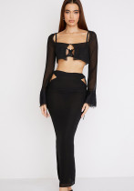 Spring Sexy Black Hollow Out U Neck Long Sleeve Crop Top And Long Dress Two Piece Set