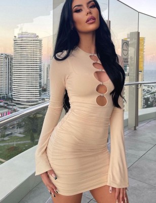 Women Spring Beige Sexy O-Neck Full Sleeves Solid Hollow Out Bodycon Dress