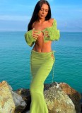 Spring Sexy Green Hollow Out U Neck Long Sleeve Crop Top And Long Dress Two Piece Set