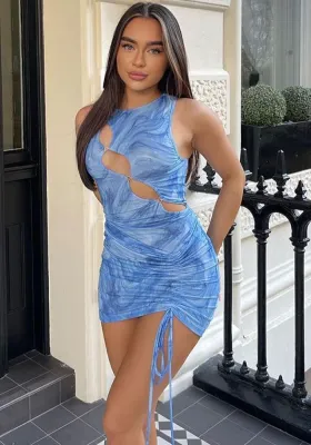 Women Summer Sexy O-Neck Sleeveless Print Lace Up Hollow Out Bodycon Dress