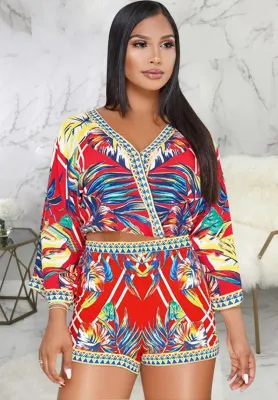 Women Spring Print Vintage V-Neck Three Quarter Sleeves High Waist Two Piece Shorts Set