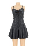 Women Spring Black Vintage Sleeveless Solid PU Leather Mini Casual Dresses