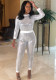 Women Spring White Fashion O-Neck Long Sleeves Shining Top And Pant Wholesale 2 Piece Sets