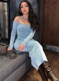 Women Spring Blue Sexy Off-the-shoulder Wrist Sleeves Solid Midi Dress