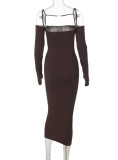 Women Spring Brown Sexy Off-the-shoulder Wrist Sleeves Solid Midi Dress