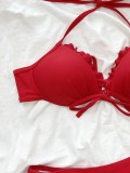 Women Red Strap Sexy Halter Ruffles Two Piece Swimwear