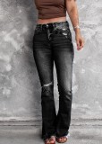 Women Spring Black Mid Waist Ripped Jeans Pants