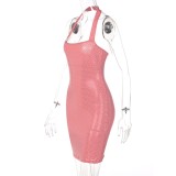 Women Summer Pink Sweet Halter Sleeveless Sequined Bodycon Dress