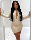 Women Spring Beige Sexy O-Neck Full Sleeves Solid Hollow Out Bodycon Dress