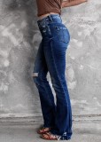 Women Spring Blue Mid Waist Ripped Jeans Pants