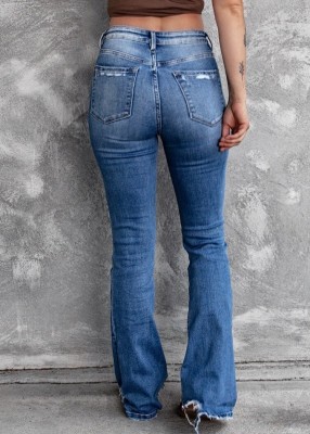 Women Spring Mid Waist Ripped Jeans Pants