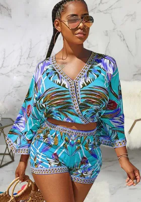 Women Spring Print Vintage V-Neck Three Quarter Sleeves High Waist Two Piece Shorts Set