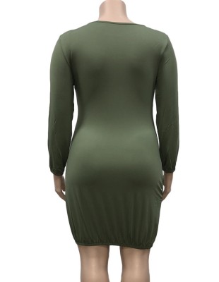 Women Spring Green O-Neck Full Sleeves Letter Print Plus Size Casual Dress