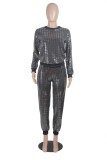 Women Spring Black Fashion O-Neck Long Sleeves Shining Top And Pant Wholesale 2 Piece Sets