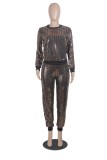 Women Spring Brown Fashion O-Neck Long Sleeves Shining Top And Pant Wholesale 2 Piece Sets
