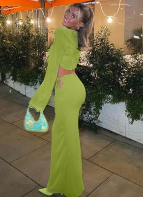 Spring Sexy Green Hollow Out U Neck Long Sleeve Crop Top And Long Dress Two Piece Set