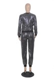 Women Spring Black Fashion O-Neck Long Sleeves Shining Top And Pant Wholesale 2 Piece Sets