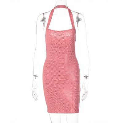 Women Summer Pink Sweet Halter Sleeveless Sequined Bodycon Dress