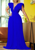 Women Summer Blue Sexy V-neck Short Sleeves Solid Pleated A-line Evening Dress