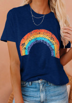 Women Summer Blue Cute O-Neck Short Sleeves Rainbow Regular T-Shirt